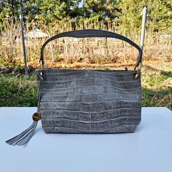Furla Handbags - FURLA Croc Embossed Grey Genuine Leather Handbag Shoulderbag, Pre-owned